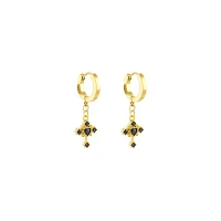 Black and Goldtone Cross Dangle Huggie Hoop Earrings