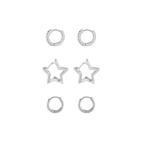 Multi-Pack Silvertone Star Hoops 3 Pair - 18 Gauge