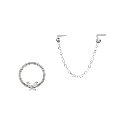 Kayla Malecc Multi-Pack Titanium Butterfly Septum Ring and L-Bend Nose Chain 2 Pack - 20-16 Gauge