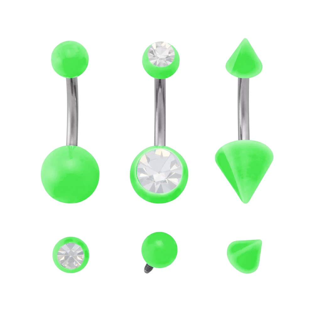 Kayla Malecc Multi-Pack Titanium Neon Green Belly Rings with Green Ends and Extra Ends 3 Pack - 14 Gauge