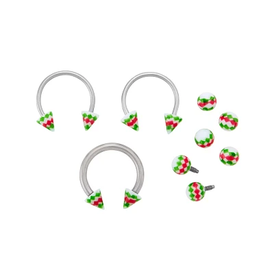 Kayla Malecc Multi-Pack Titanium Horseshoe Rings with Red and Green Ends and Extra Balls 3 Pack - 20-16 Gauge