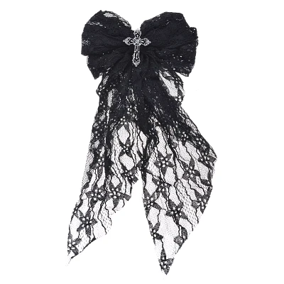 Black Lace Hair Bow with Cross Pendant