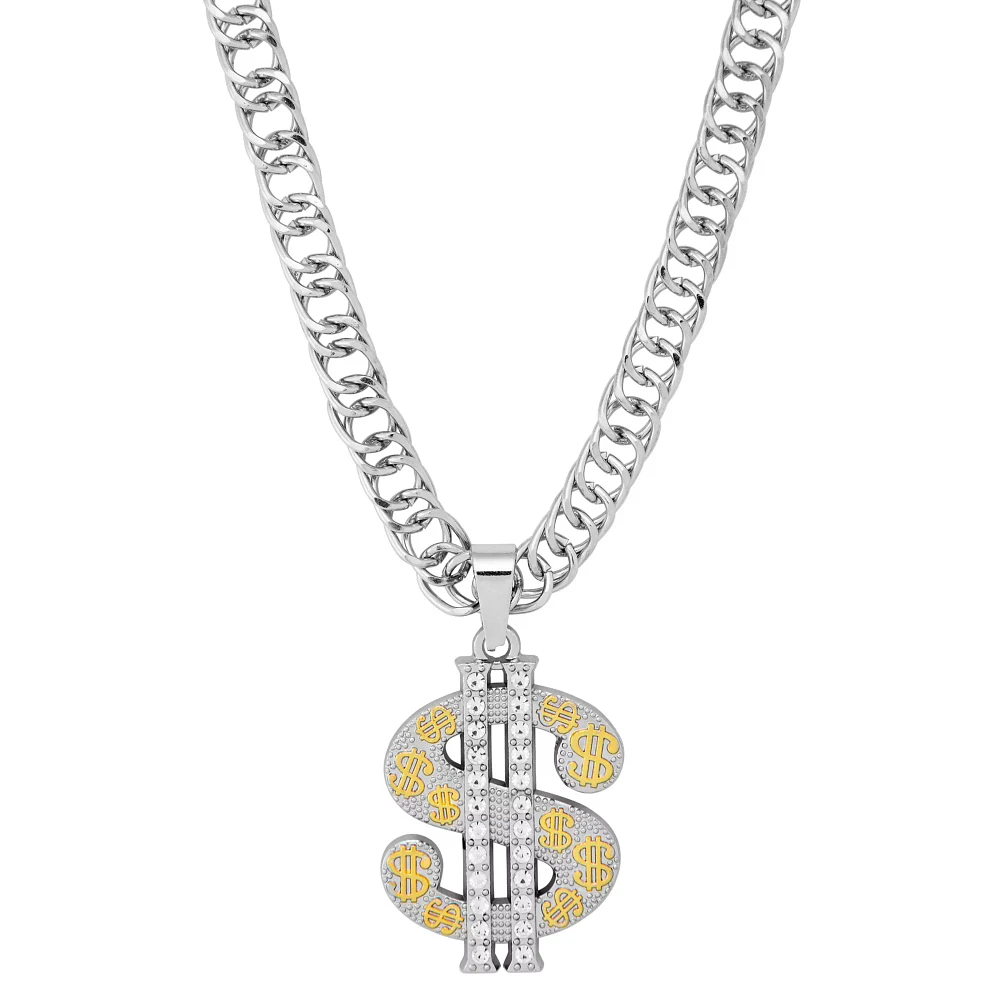 Silver Dollar Sign Bling Chain Necklace