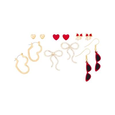 Multi-Pack Goldtone and Red Coquette Stud and Dangle Earrings - 6 Pair