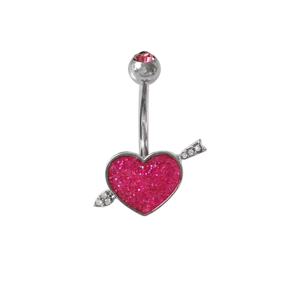 CZ Pink Glitter Heart Belly Ring - 14 Gauge