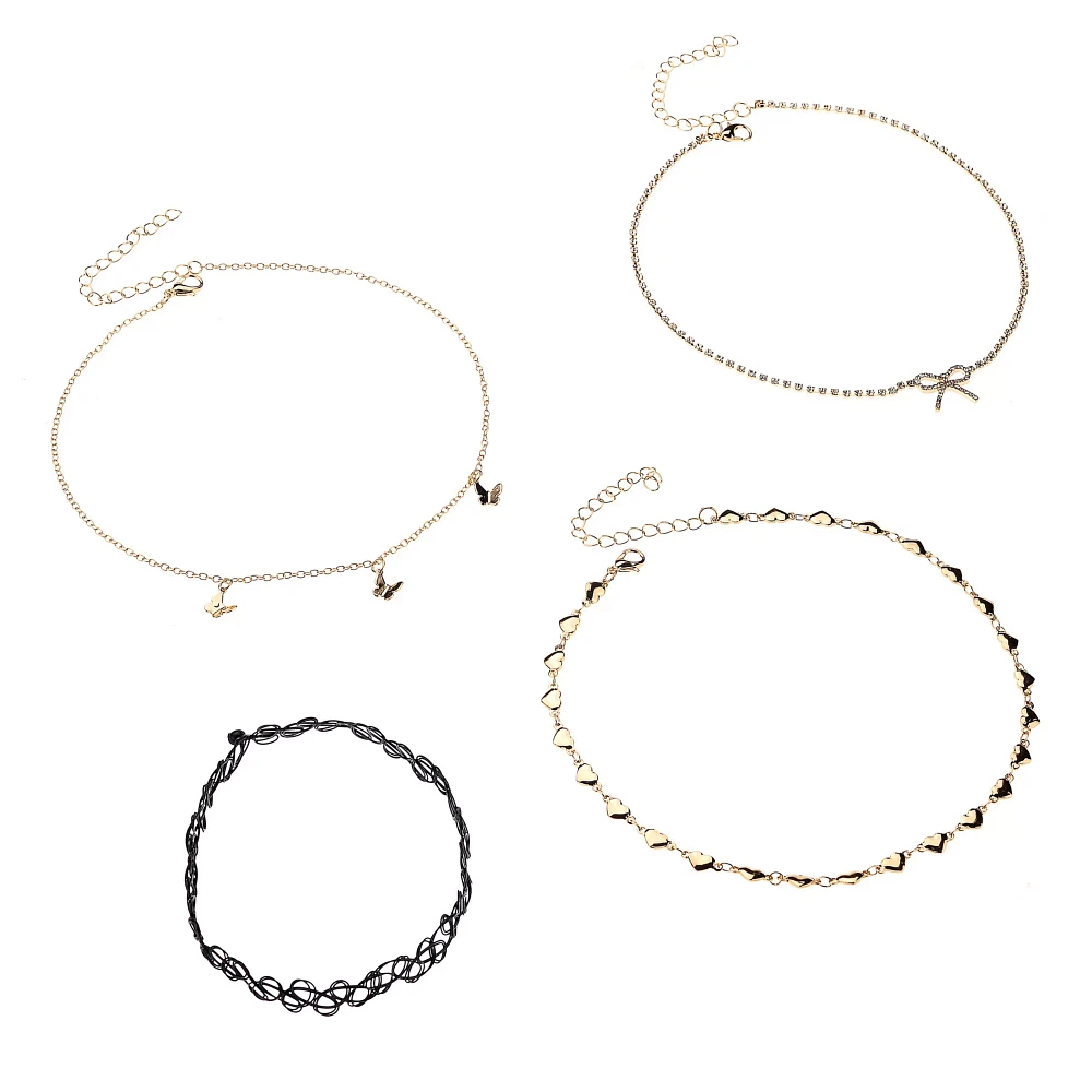 Multi-Pack Gold Butterfly Bow and Heart Choker Necklaces - 4 Pack