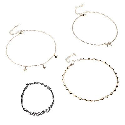 Multi-Pack Gold Butterfly Bow and Heart Choker Necklaces - 4 Pack