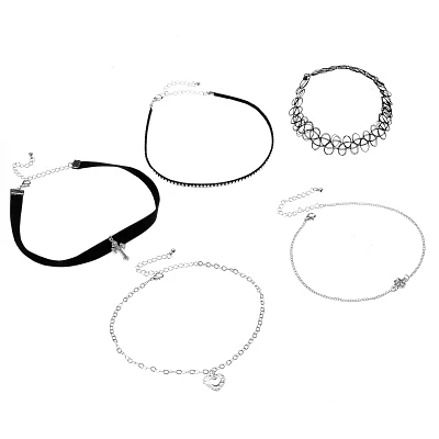 Multi-Pack Heart and Cross Choker Necklaces - 5 Pack