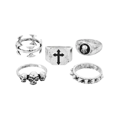 Multi-Pack Cross and Skull Signet Assorted Rings - 5 Pack