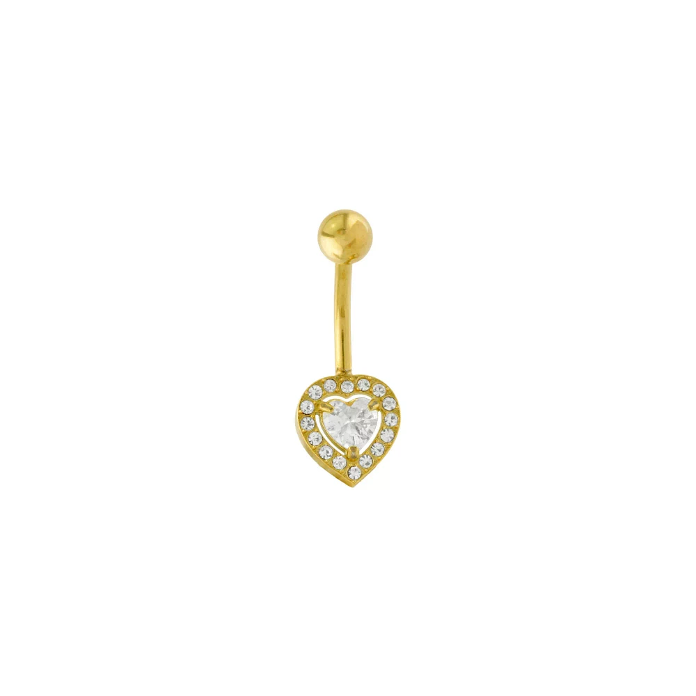 Goldtone CZ Studded Heart Belly Ring - 14 Gauge