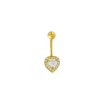 Goldtone CZ Studded Heart Belly Ring - 14 Gauge