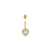 Goldtone CZ Studded Heart Belly Ring - 14 Gauge