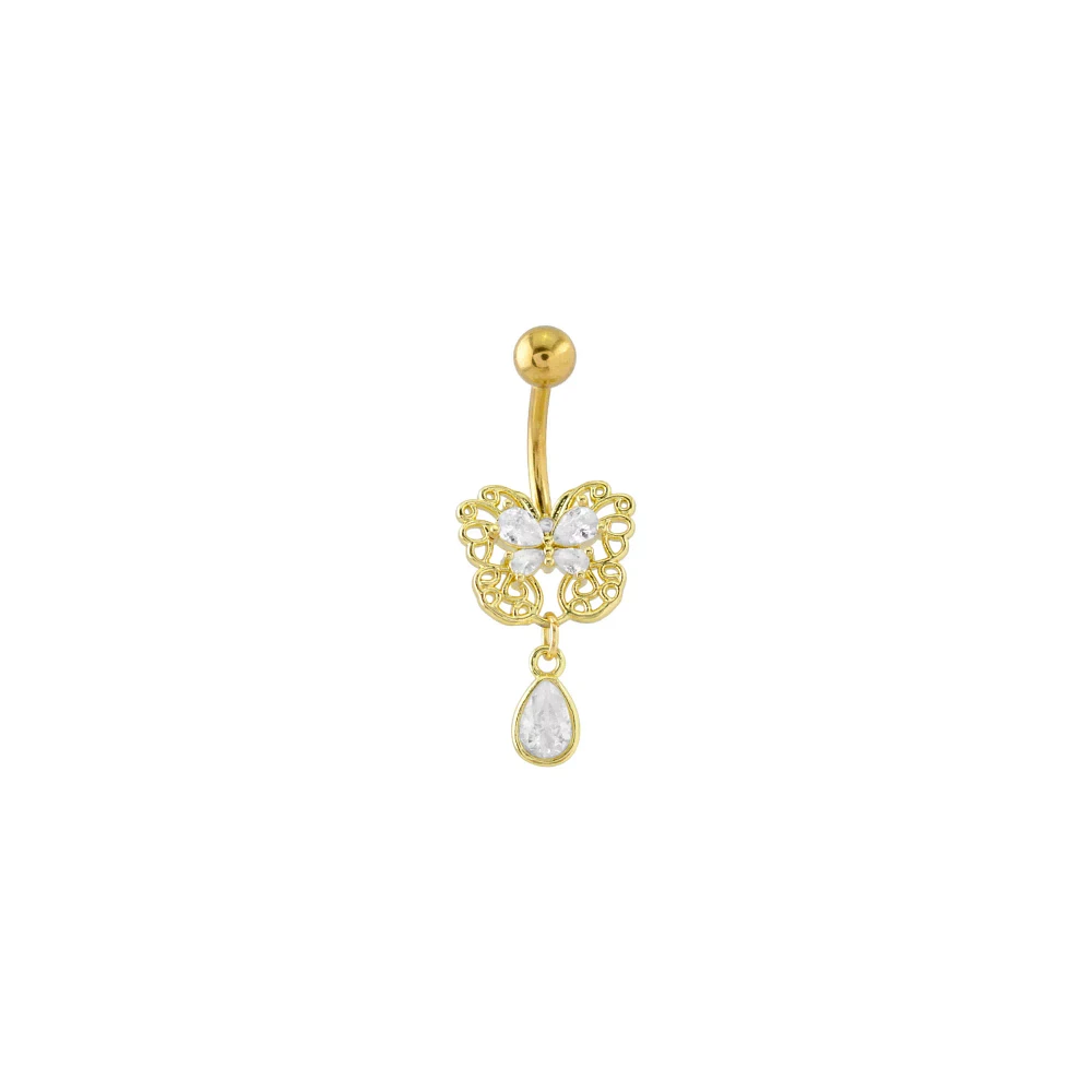 Goldtone CZ Dainty Butterfly Dangle Belly Ring - 14 Gauge