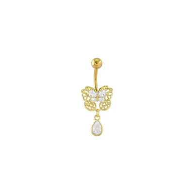 Goldtone CZ Dainty Butterfly Dangle Belly Ring - 14 Gauge