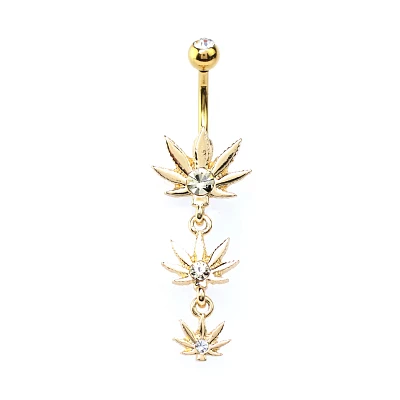 CZ Goldtone Weed Leaf Dangle Belly Ring - 14 Gauge