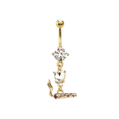 CZ Goldtone Joint Dangle Belly Ring - 14 Gauge