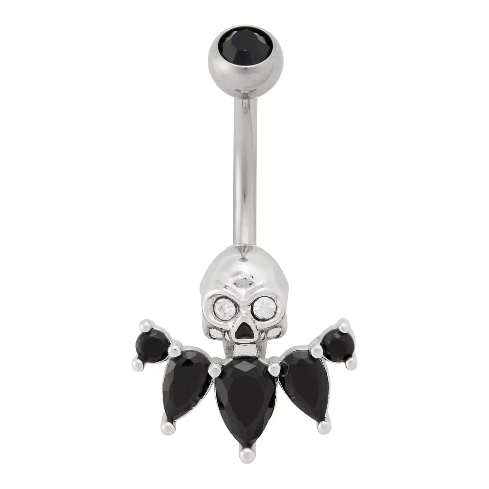 Black and Silver Titanium CZ Skull Belly Ring - 14 Gauge