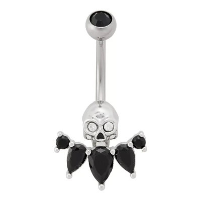 Black and Silver Titanium CZ Skull Belly Ring - 14 Gauge