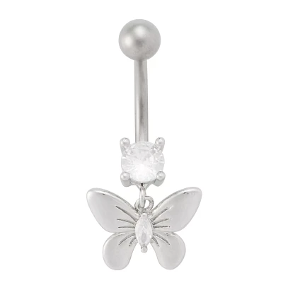 Silver Titanium CZ Butterfly Dangle Belly Ring - 14 Gauge