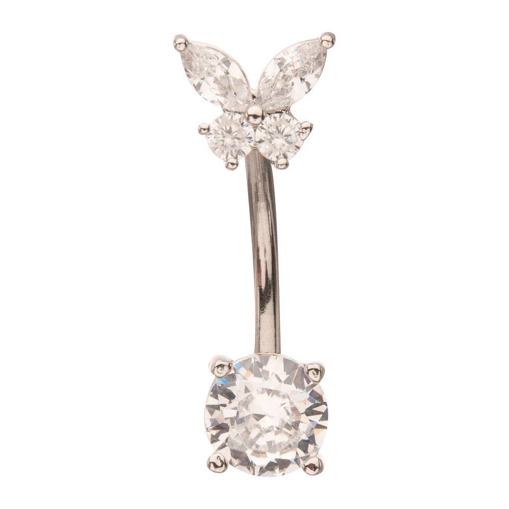 ASTM F-136 Titanium Silvertone CZ Butterfly Belly Ring - 14 Gauge