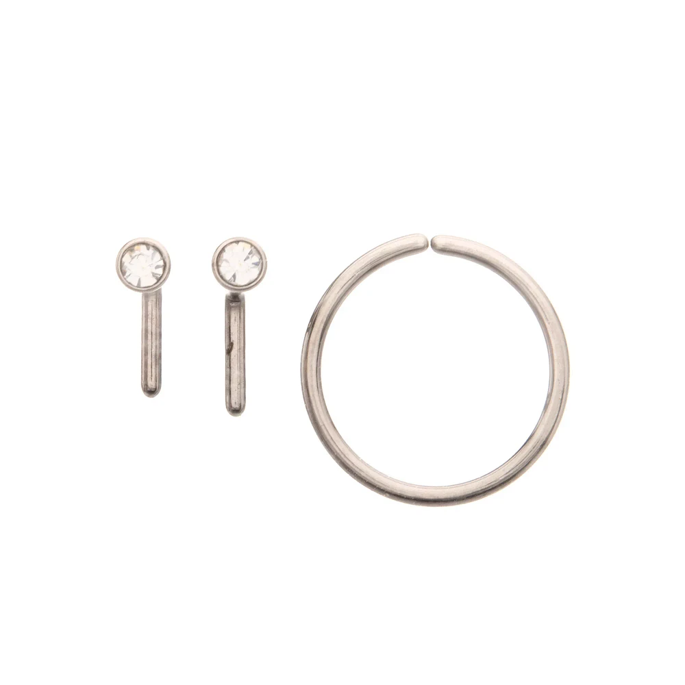 Multi-Pack ASTM F-136 Titanium Round CZ L-Bend Nose Rings and Seamless Hoop Nose Ring 3 Pack - 20 Gauge