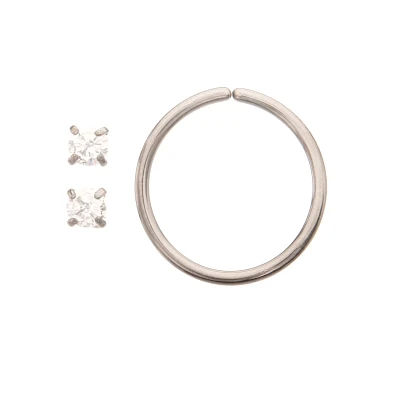 Multi-Pack ASTM F-136 Titanium Prong CZ Nose Pins and Hoop 3 Pack - 20 Gauge