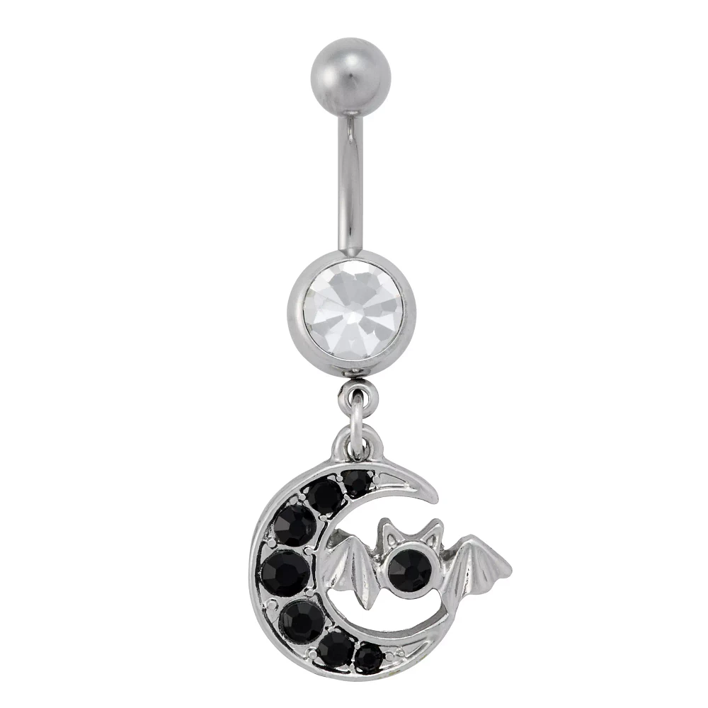 CZ Bat Crescent Moon Titanium Dangle Belly Ring - 14 Gauge