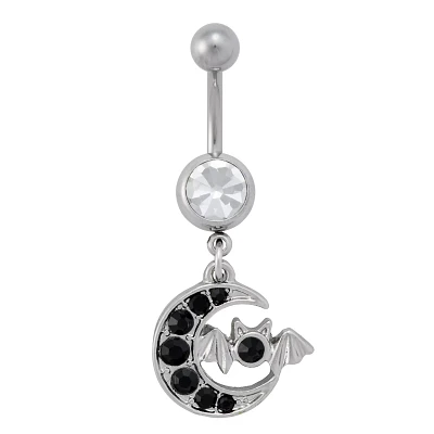 CZ Bat Crescent Moon Titanium Dangle Belly Ring - 14 Gauge