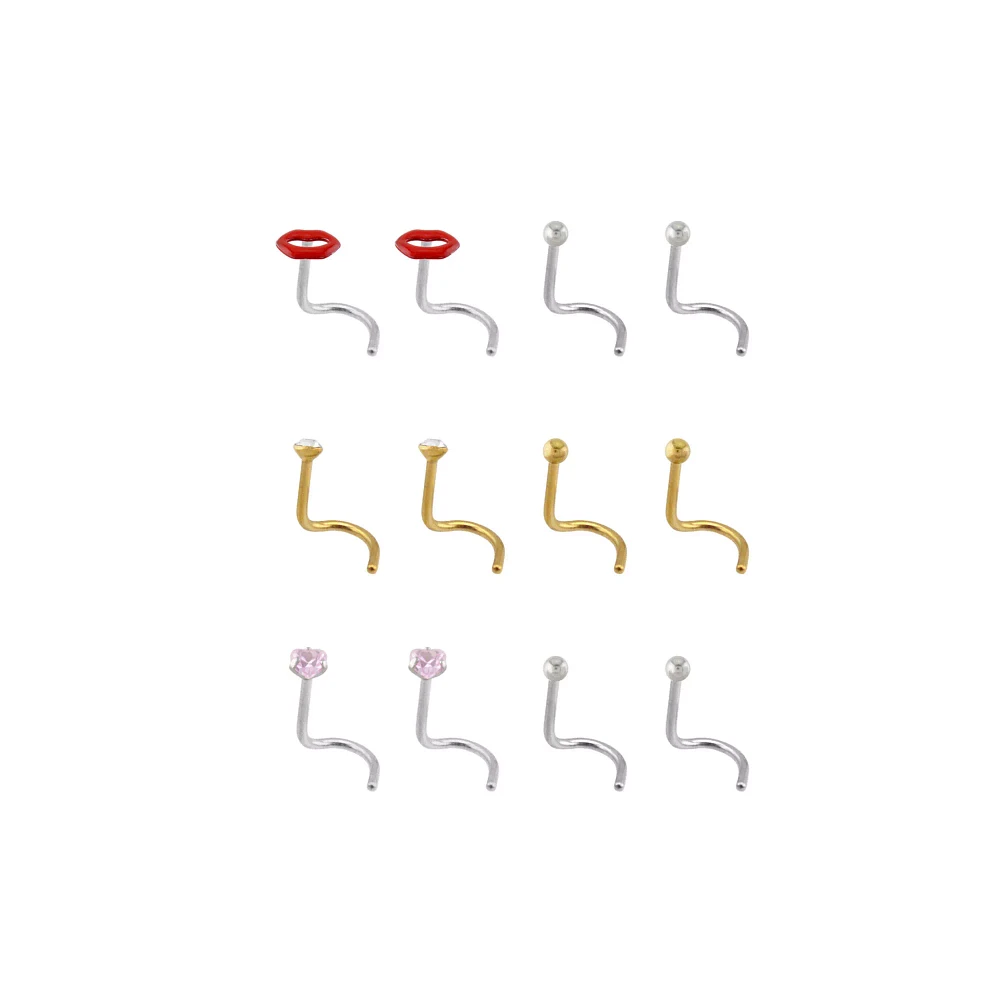 Multi-Pack CZ Lips Titanium Screw Nose Rings 12 Pack - 20 Gauge
