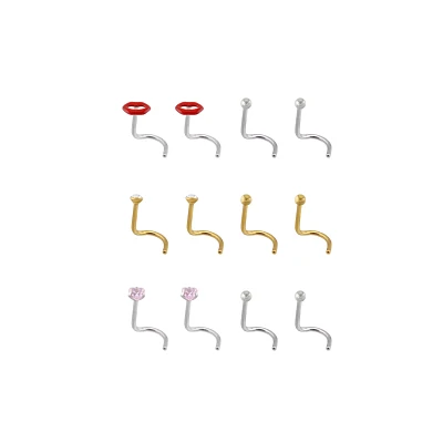 Multi-Pack CZ Lips Titanium Screw Nose Rings 12 Pack - 20 Gauge