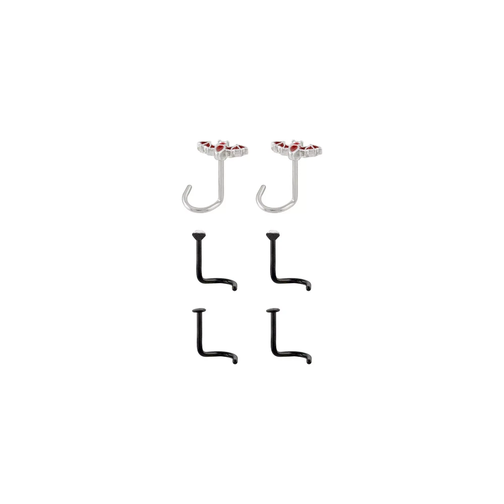 Multi-Pack CZ Titanium Red and Black Bat Screw Nose Rings 6 Pack - 20 Gauge