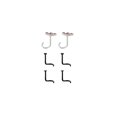 Multi-Pack CZ Titanium Red and Black Bat Screw Nose Rings 6 Pack - 20 Gauge