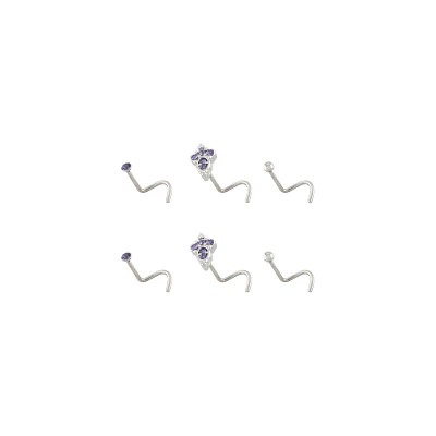 Multi-Pack Purple CZ Titanium Screw Nose Rings 6 Pack - 20 Gauge