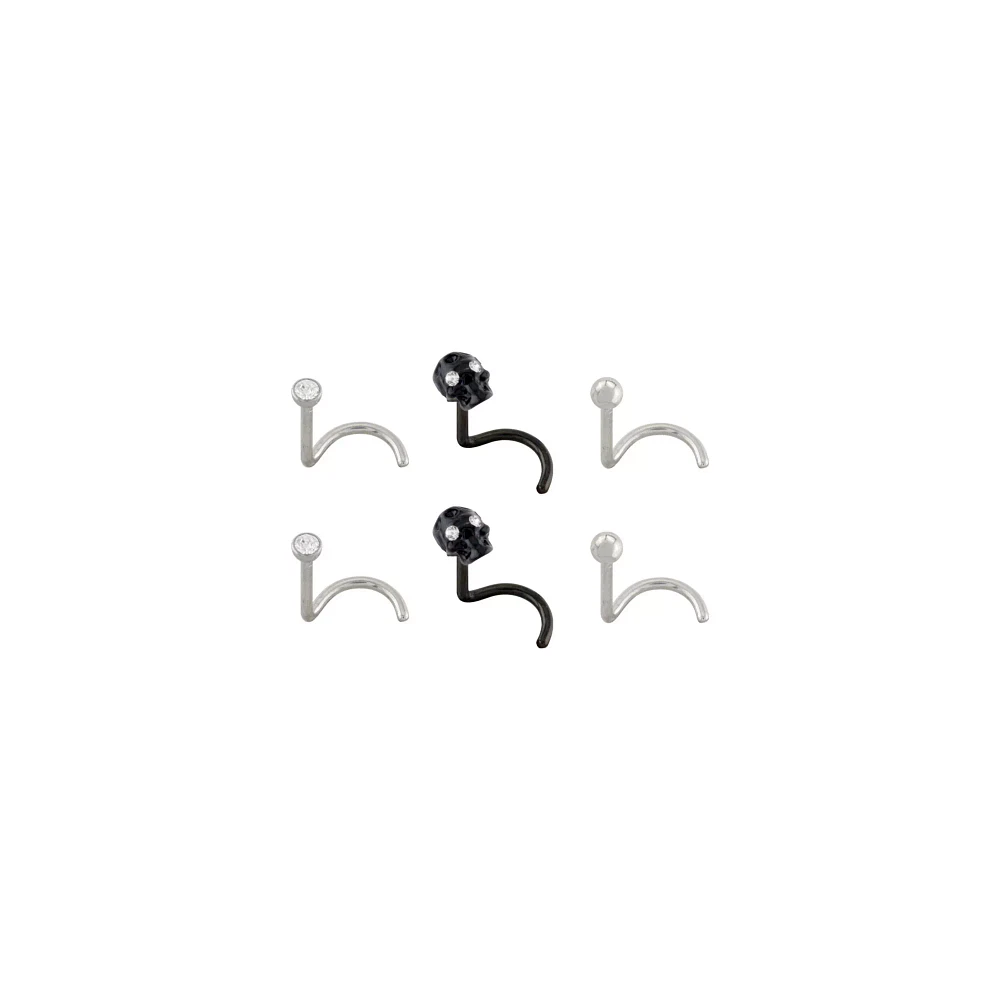Multi-Pack Titanium Black Skull Screw Nose Rings 6 Pack - 20 Gauge