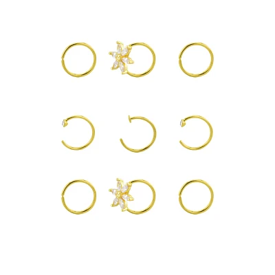 Multi-Pack CZ Flower Titanium Goldtone Hoop Nose Rings 9 Pack - 20 Gauge