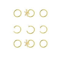 Multi-Pack CZ Flower Titanium Goldtone Hoop Nose Rings 9 Pack - 20 Gauge