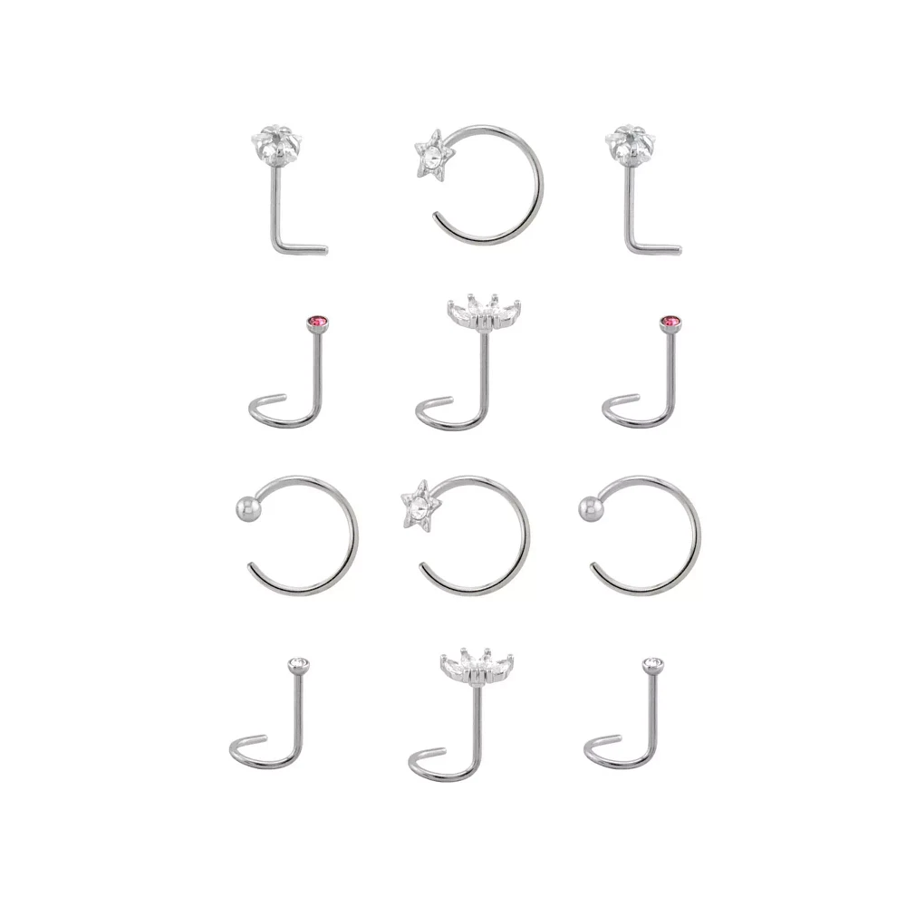 Multi-Pack CZ Screw Horseshoe and L-Bend Nose Rings 12 Pack - 20 Gauge