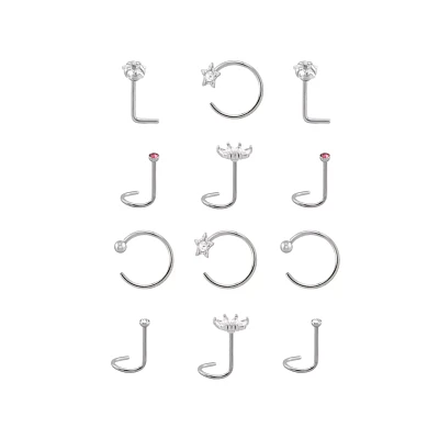 Multi-Pack CZ Screw Horseshoe and L-Bend Nose Rings 12 Pack - 20 Gauge