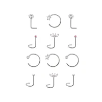 Multi-Pack CZ Screw Horseshoe and L-Bend Nose Rings 12 Pack - 20 Gauge