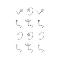 Multi-Pack CZ Screw Horseshoe and L-Bend Nose Rings 12 Pack - 20 Gauge