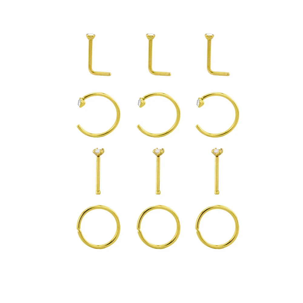Multi-Pack CZ Goldtone Titanium Bone Horseshoe and L-Bend Nose Rings 12 Pack - 20 Gauge