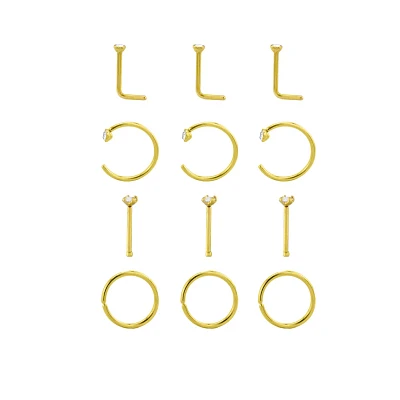 Multi-Pack CZ Goldtone Titanium Bone Horseshoe and L-Bend Nose Rings 12 Pack - 20 Gauge