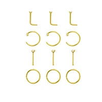 Multi-Pack CZ Goldtone Titanium Bone Horseshoe and L-Bend Nose Rings 12 Pack - 20 Gauge