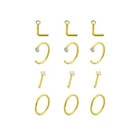 Multi-Pack CZ Goldtone Titanium Bone Horseshoe and L-Bend Nose Rings 12 Pack - 20 Gauge