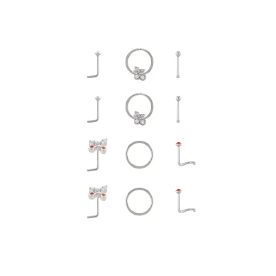 Multi-Pack CZ Titanium Screw Horseshoe Bone and L-Bend Nose Rings 12 Pack - 20 Gauge