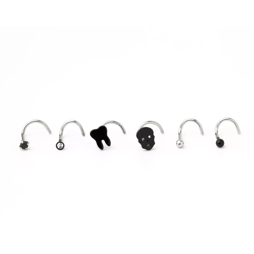 Multi-Pack CZ Tooth Skull Screw Nose Rings 6 Pack - 20 Gauge