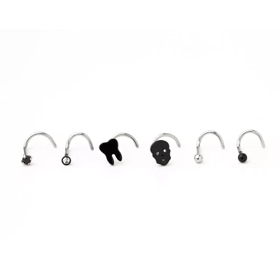 Multi-Pack CZ Tooth Skull Screw Nose Rings 6 Pack - 20 Gauge