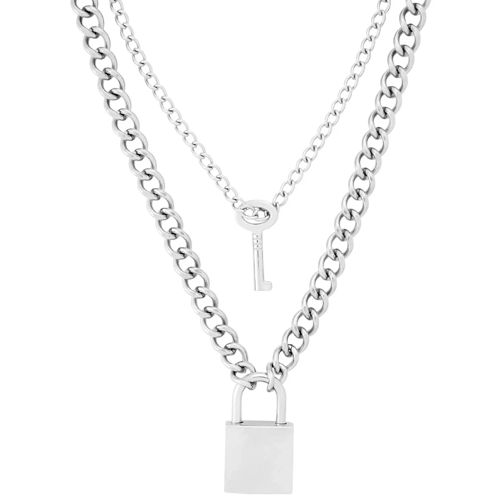 Silver 2-Row Lock and Key Necklace Set
