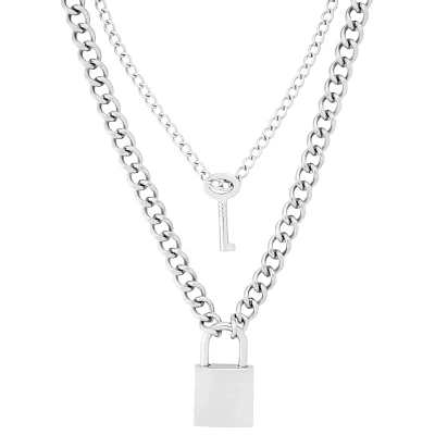 Silver 2-Row Lock and Key Necklace Set