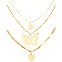 Gold 3-Row Butterfly Heart Necklace